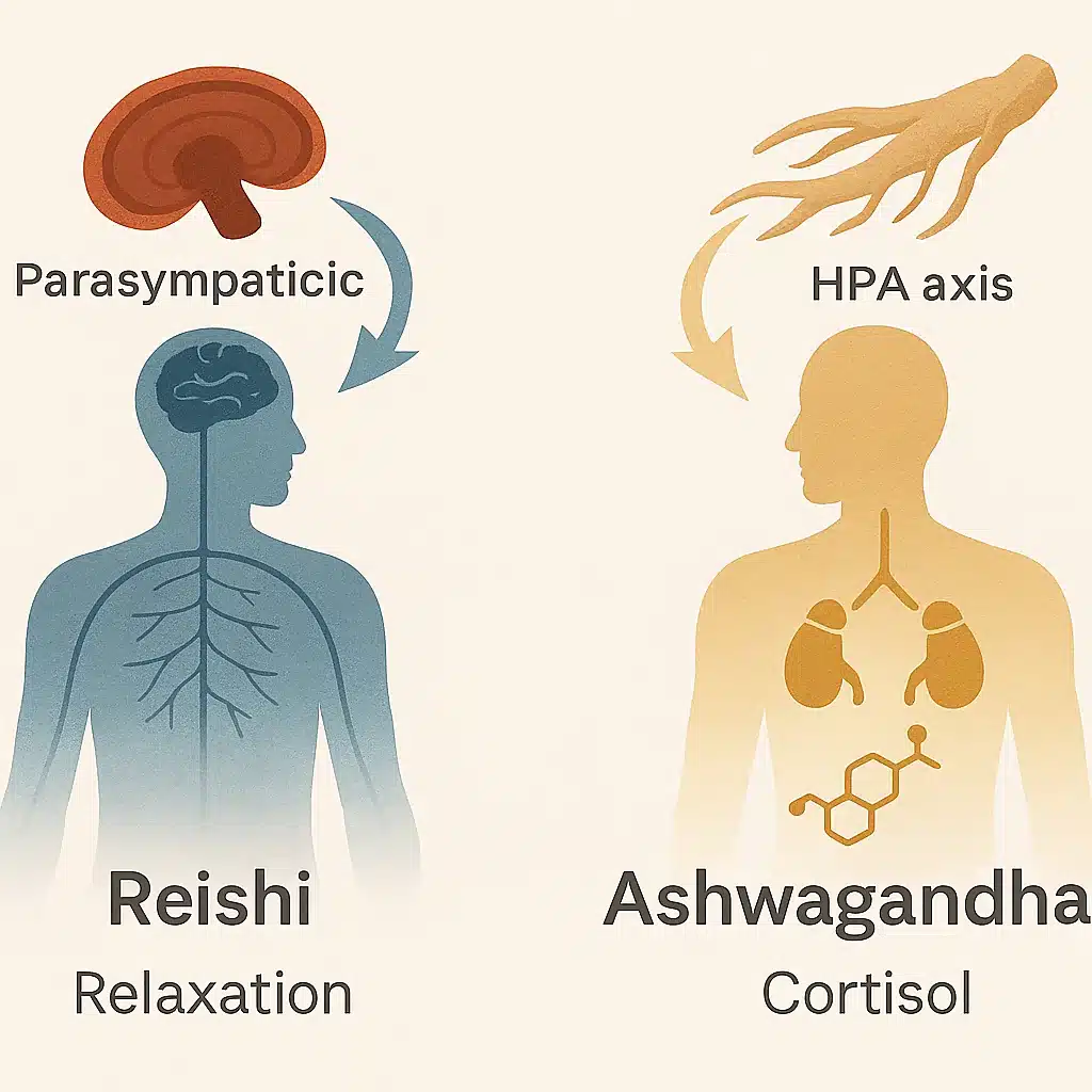 Reishi ou Ashwagandha : lequel choisir contre le stress ? 3 L’Ashwagandha agit principalement sur la réponse hormonale au stress, tandis que le Reishi agit sur la détente et la qualité du repos.