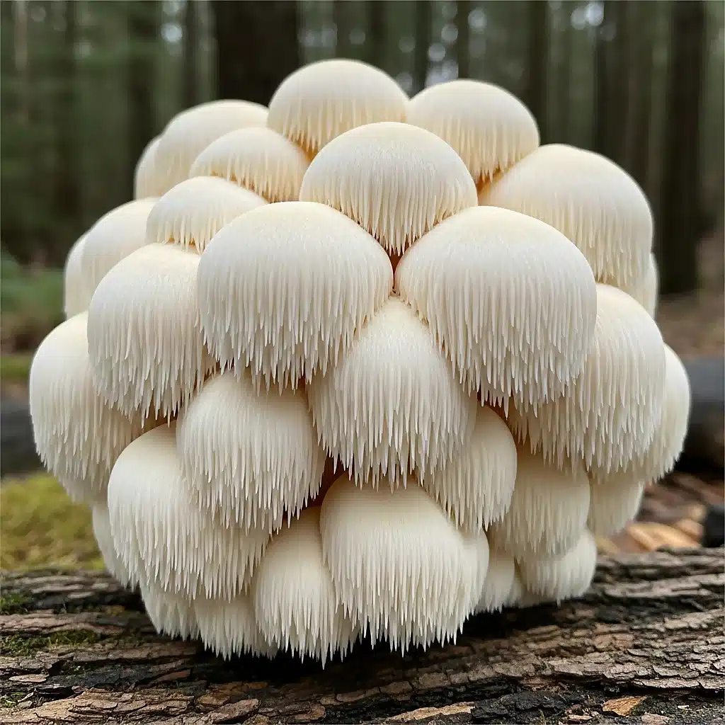 Les meilleurs champignons adaptogènes : guide complet pour bien choisir 5 Lion’s Mane blanc crème accroché à un tronc de hêtre dans une forêt humide, champignon adaptogène stimulant la mémoire et la cognition.