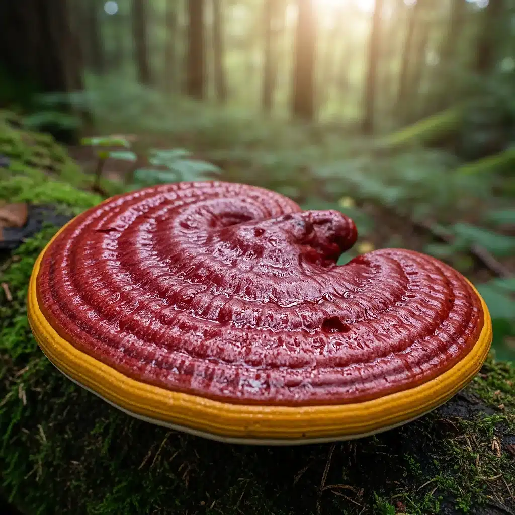 Les meilleurs champignons adaptogènes : guide complet pour bien choisir 3 Reishi laqué rouge sur souche moussue en forêt tempérée humide, champignon adaptogène emblématique du bien-être.
