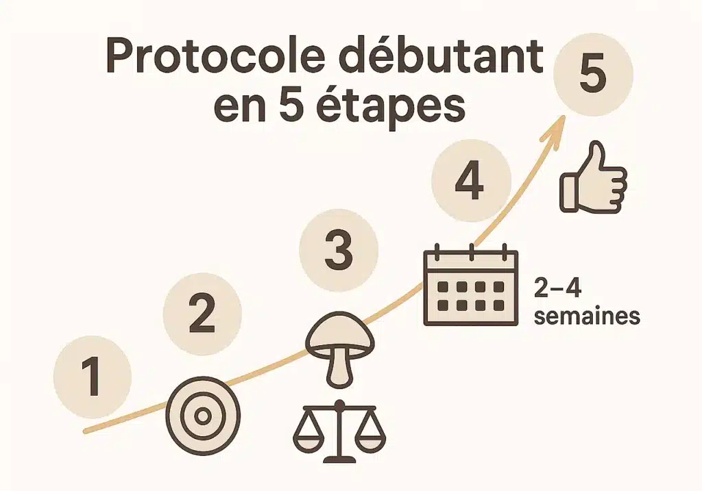 Champignons adaptogènes pour débutant : Le guide complet pour bien commencer 3 Protocole en 5 étapes pour débuter avec les champignons adaptogènes : identifier son objectif, choisir le champignon, commencer par une demi-dose, patienter 2-4 semaines, évaluer les résultats