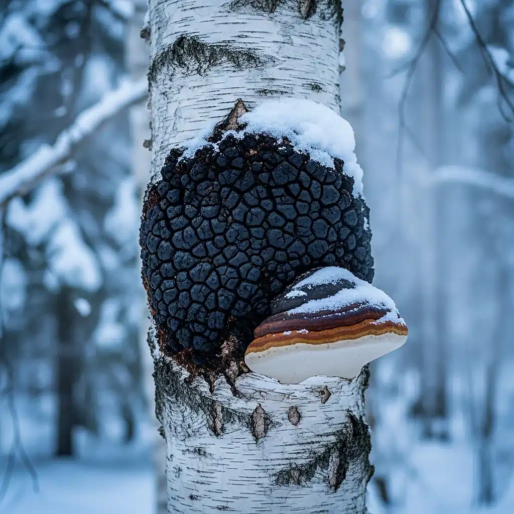 Les meilleurs champignons adaptogènes : guide complet pour bien choisir 6 Chaga noir incrusté dans un bouleau argenté enneigé, champignon boréal riche en antioxydants.