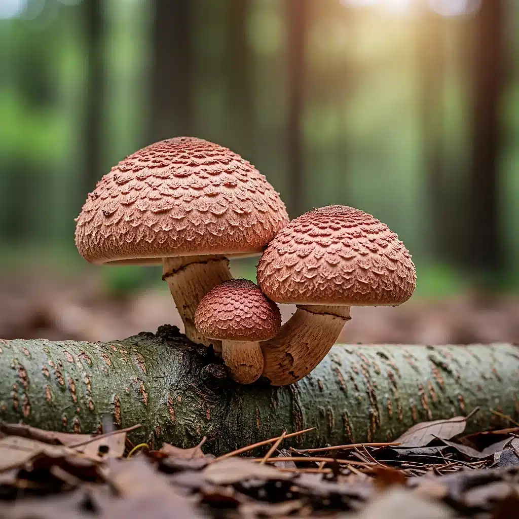 Les meilleurs champignons adaptogènes : guide complet pour bien choisir 8 Shiitake brun velouté sur tronc de chêne dans une forêt humide japonaise, champignon adaptogène de la vitalité quotidienne.