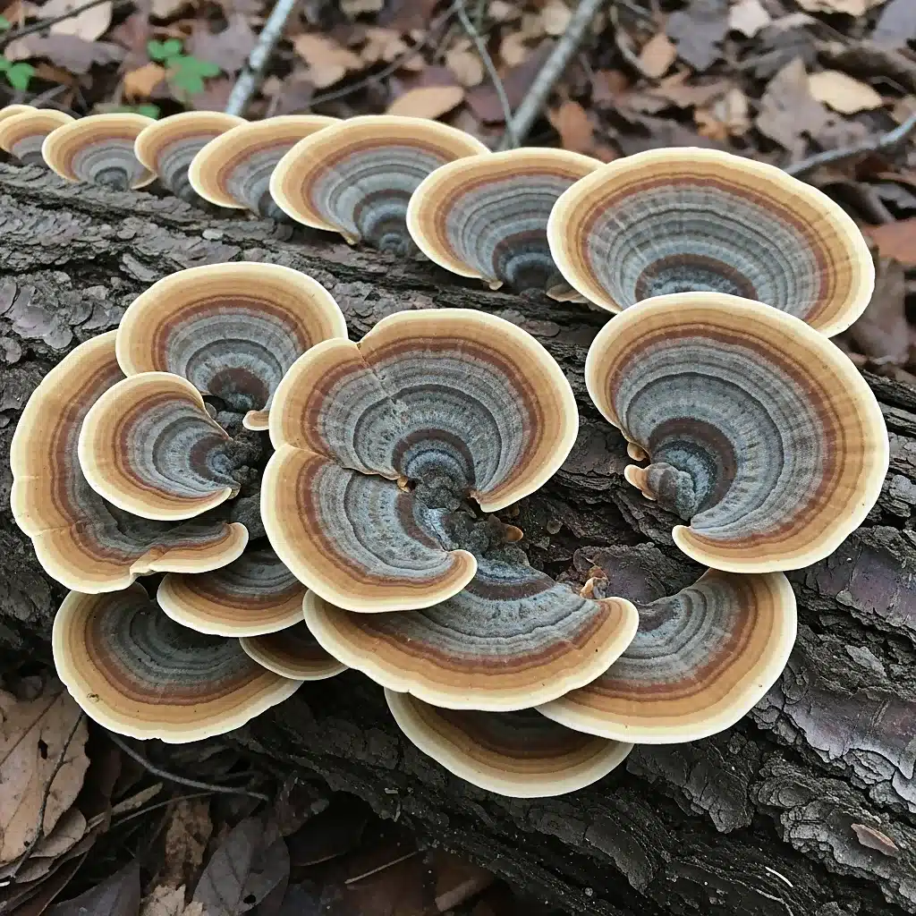 Les meilleurs champignons adaptogènes : guide complet pour bien choisir 7 Champignons Turkey Tail multicolores sur souche en décomposition, symbole d’équilibre immunitaire et de diversité du microbiote.