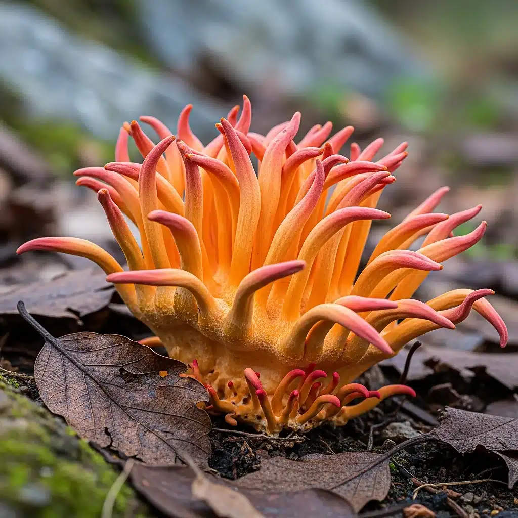 Les meilleurs champignons adaptogènes : guide complet pour bien choisir 4 Cordyceps militaris orangé poussant dans la mousse d’une forêt de montagne, symbole d’énergie et d’endurance naturelle.