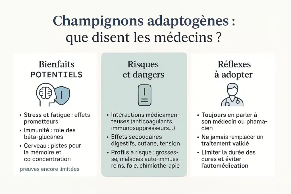Champignons adaptogènes : que disent vraiment les médecins ? 3 infographie en français sur les champignons adaptogènes montrant bienfaits potentiels, risques et conseils des médecins