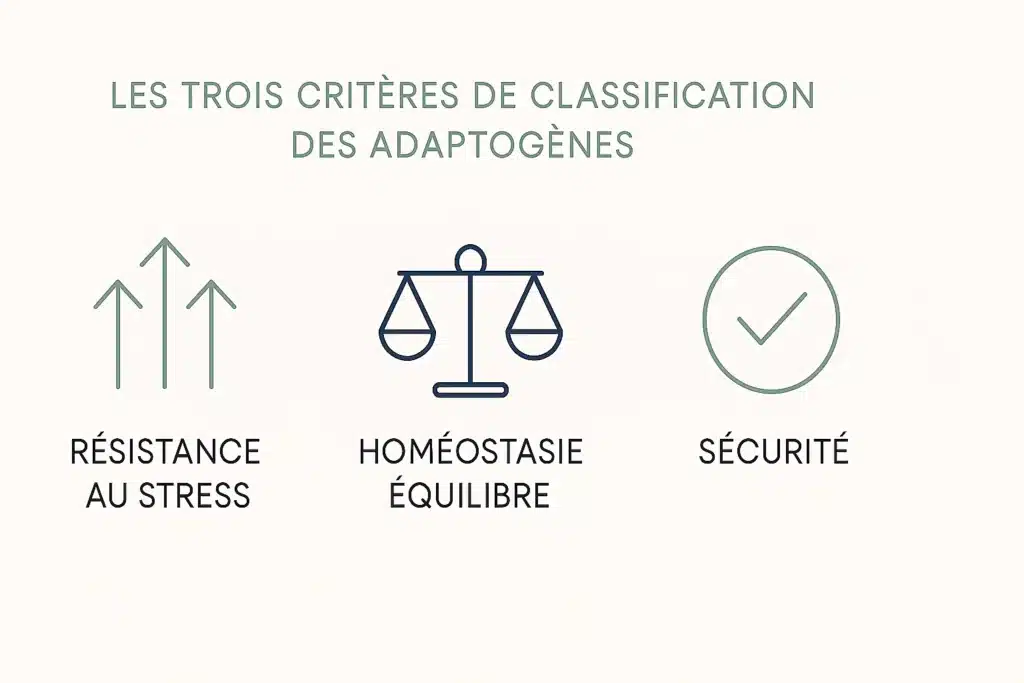 Champignons Adaptogènes : Ce que dit vraiment la science 3 Infographie des 3 critères scientifiques définissant un champignon adaptogène : résistance au stress, action normalisatrice et absence de toxicité