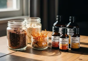 Acheter des champignons adaptogènes : le guide complet pour choisir des produits de qualité 6 Champignons adaptogènes sous forme de poudre, Cordyceps séchés et extraits liquides dans des flacons ambrés posés sur une table en bois éclairée par la lumière naturelle.