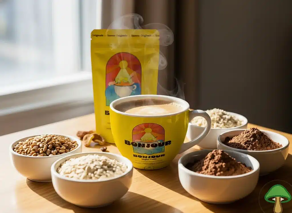 Café Bonjour (Bonjour Drink) : avis complet sur cette alternative au café 15 tasse de Cafe Bonjour boisson chaude aux champignons adaptogenes comme alternative au cafe classique sur une table avec cereales et cacao