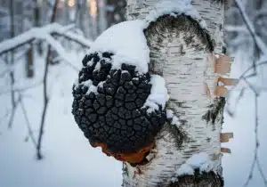 Chaga : bienfaits, composition et usage d'un champignon d'exception 20 Chaga sauvage sur un bouleau enneigé en forêt boréale de Sibérie