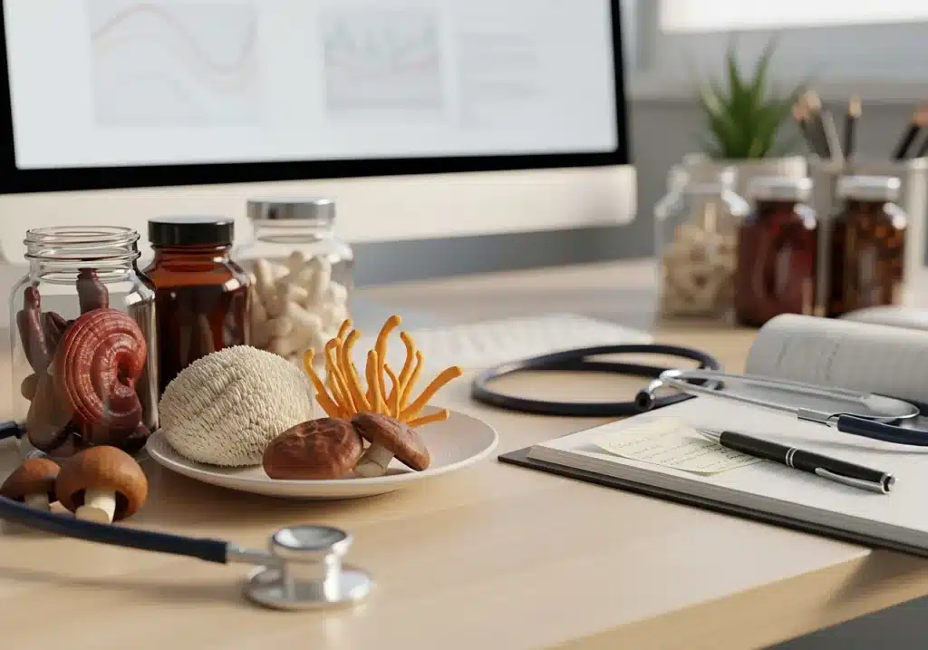 Champignons adaptogènes : que disent vraiment les médecins ? 1 Compléments à base de champignons adaptogènes sur un bureau de médecin, illustrant l’avis des médecins