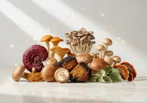 Champignons et immunité : lesquels choisir pour renforcer vos défenses naturelles ? 22 Présentation champignons médicinaux Reishi Shiitake Chaga Maitake et Turkey Tail qui illustrent l’immunité