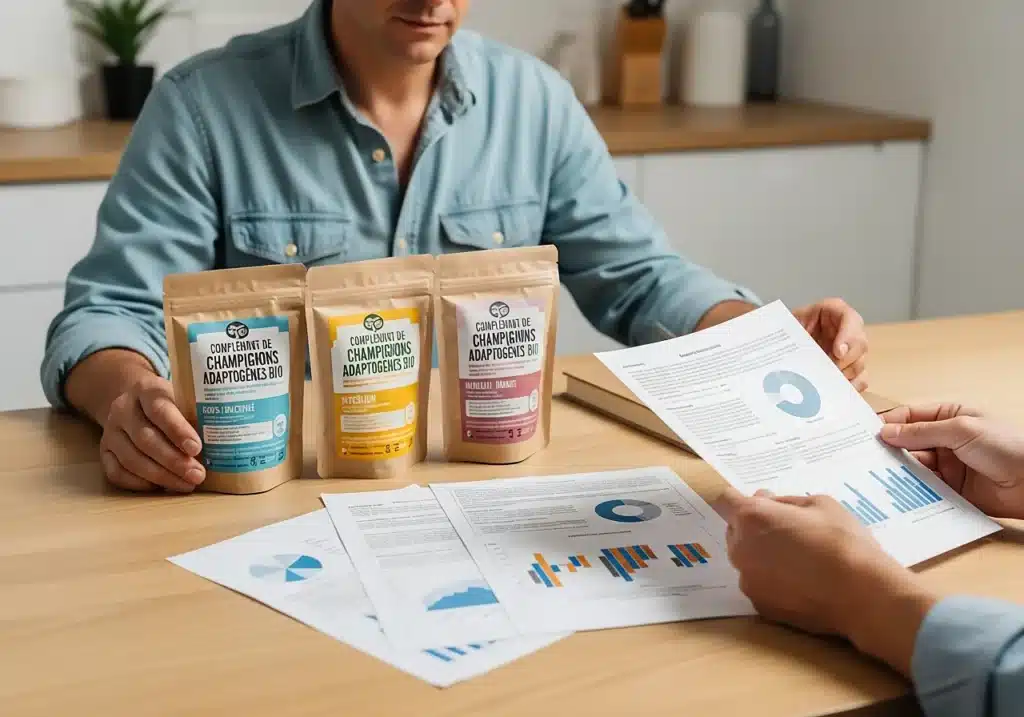 Champignons adaptogènes bio : guide complet pour bien choisir et utiliser 3 photo réaliste d’une personne comparant des compléments de champignons adaptogènes bio corps fructifié mycélium et mélange pour évaluer la qualité et la traçabilité