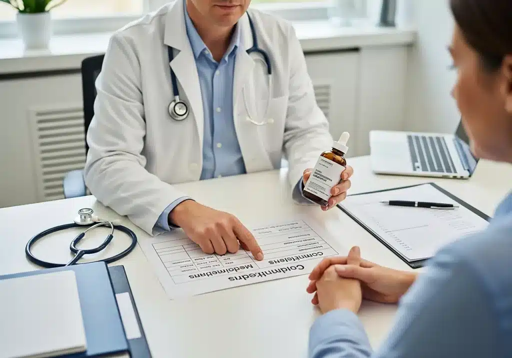 Champignons adaptogènes : que disent vraiment les médecins ? 4 consultation médicale où un patient montre un flacon de champignons adaptogènes à son médecin pour discuter des risques et interactions