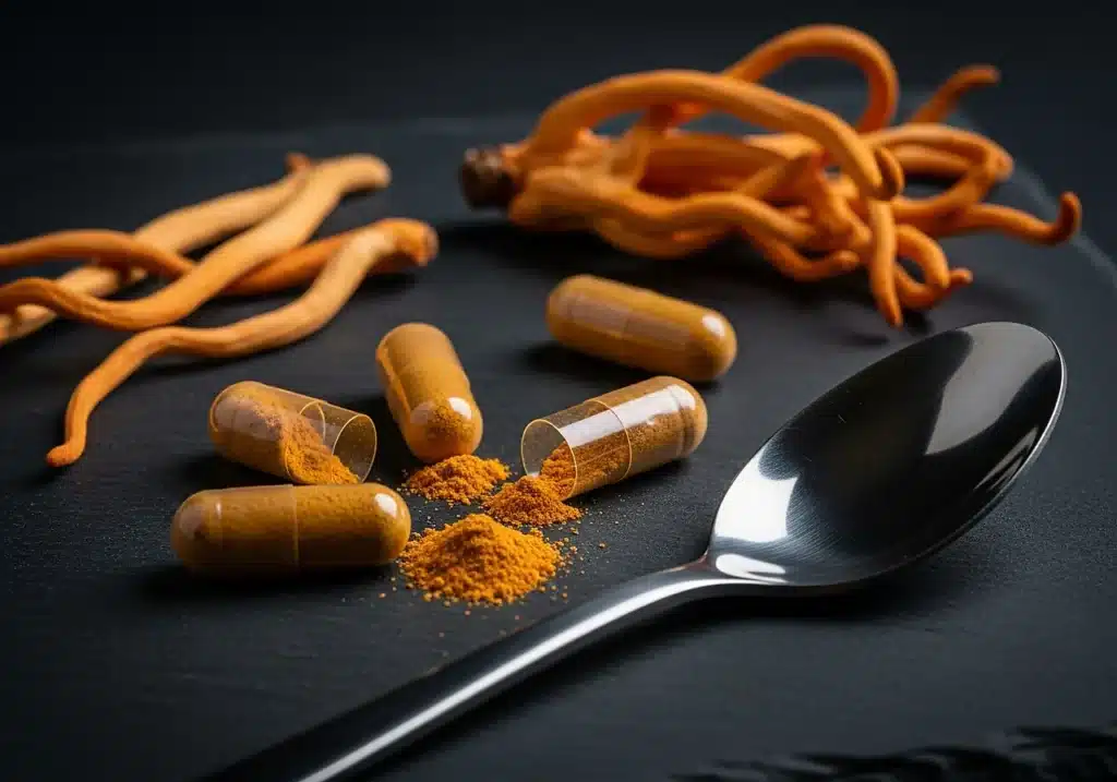 Cordyceps : bienfaits, effets et preuves scientifiques sur ce champignon d'exception 3 Macro de gélules de cordyceps ouvertes avec poudre et fruiting bodies, illustration des actifs et de la standardisation des extraits