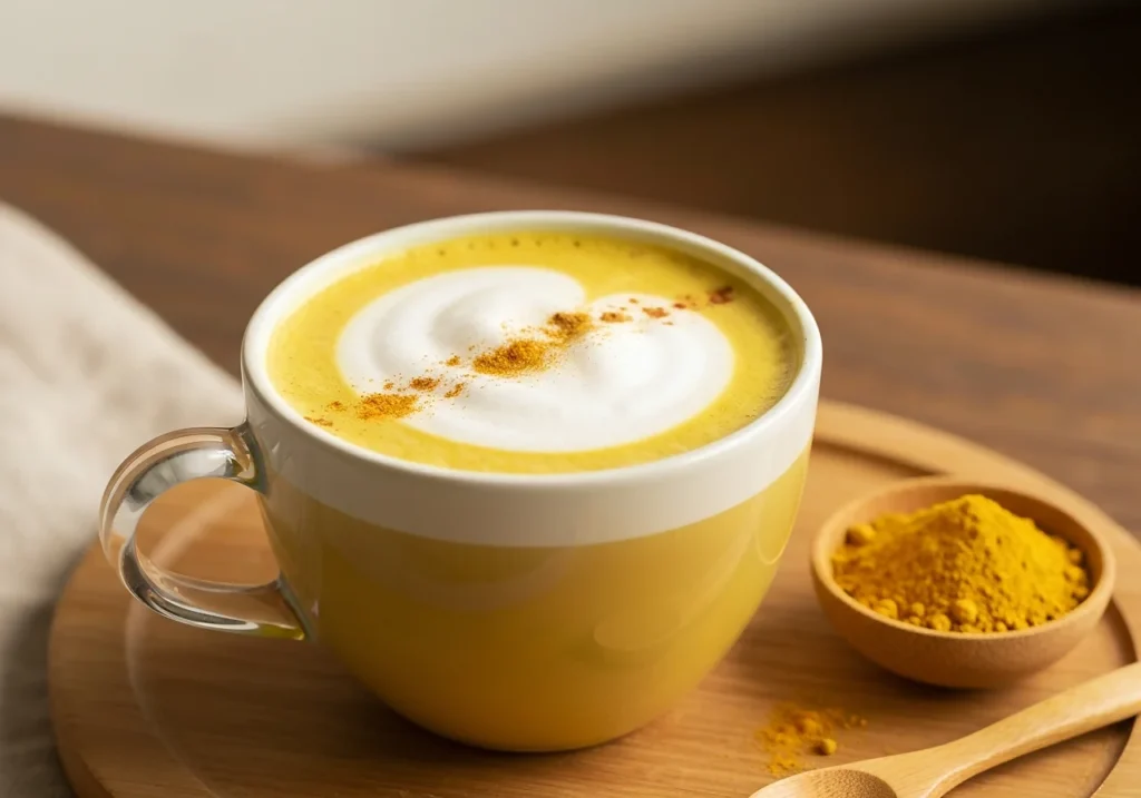 Recettes aux champignons adaptogènes : simples, savoureuses et efficaces 5 Golden latte au Reishi avec épices et poudre de Reishi, boisson bien-être adaptogène.