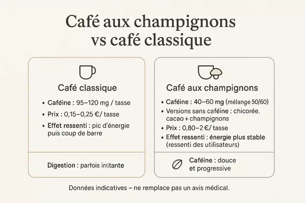 Café aux champignons : bienfaits supposés, risques et comment choisir 3 Infographie en français comparant le café aux champignons et le café classique en termes de caféine, de prix par tasse et d’effet énergétique ressenti.