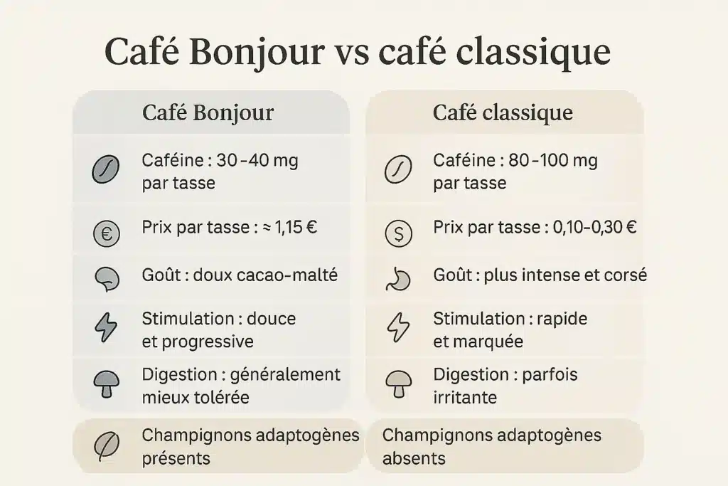 Café Bonjour (Bonjour Drink) : avis complet sur cette alternative au café 4 infographie francaise comparant Cafe Bonjour et le cafe classique sur la cafeine le prix le gout la stimulation et la digestion