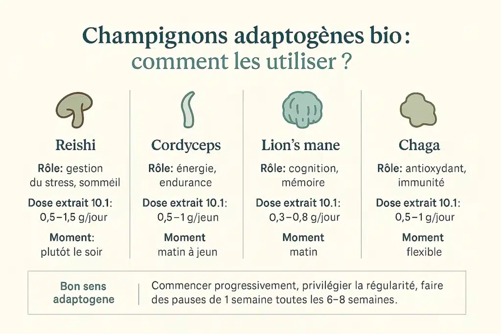 Champignons adaptogènes bio : guide complet pour bien choisir et utiliser 4 infographie en français expliquant comment utiliser les principaux champignons adaptogènes bio reishi cordyceps lion’s mane et chaga avec dosages et moments de prise recommandés