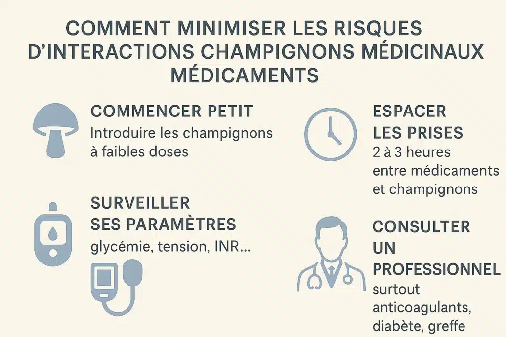 Interactions entre champignons médicinaux et médicaments : ce qu'il faut vraiment savoir 4 Infographie en français expliquant comment réduire les risques d’interactions entre champignons médicinaux et médicaments, avec quatre conseils clés : commencer petit, espacer les prises, surveiller ses paramètres et consulter un professionnel.