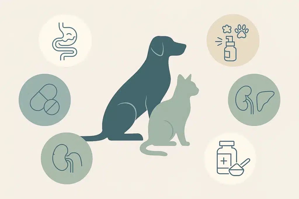Champignons adaptogènes pour animaux : dangers, bienfaits et avis vétérinaires (guide 2025) 3 Infographie illustrant les risques des champignons adaptogènes pour chiens et chats : digestion, allergies, interactions, reins et surdosage.