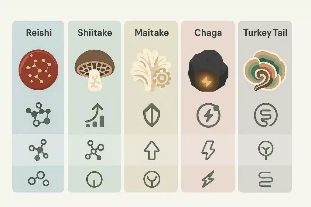 Champignons et immunité : lesquels choisir pour renforcer vos défenses naturelles ? 3 Infographie comparant Reishi Shiitake Maitake Chaga et Turkey Tail selon composés actifs actions immunitaires et points forts