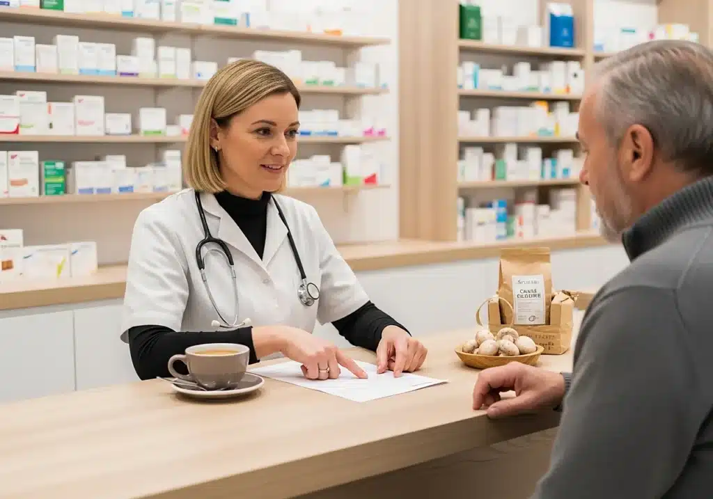 Café aux champignons : bienfaits supposés, risques et comment choisir 4 Pharmacien expliquant à un patient les interactions possibles entre café aux champignons et traitements médicamenteux, dans une pharmacie moderne.