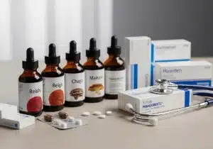 Interactions entre champignons médicinaux et médicaments : ce qu'il faut vraiment savoir 1 Photo réaliste illustrant les interactions entre champignons médicinaux et médicaments sur une table de consultation.