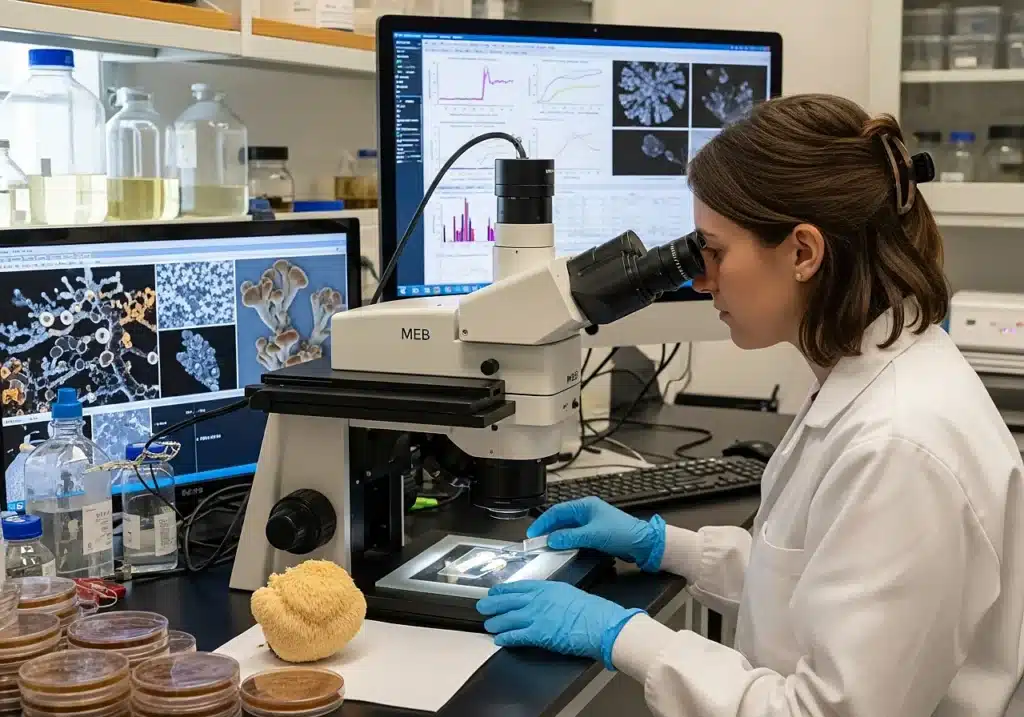 Lion's Mane (Hericium erinaceus) : bienfaits, composition et études scientifiques 3 Chercheur en blouse blanche observant un échantillon de Lion’s Mane sous microscope dans un laboratoire moderne, ambiance calme et scientifique.