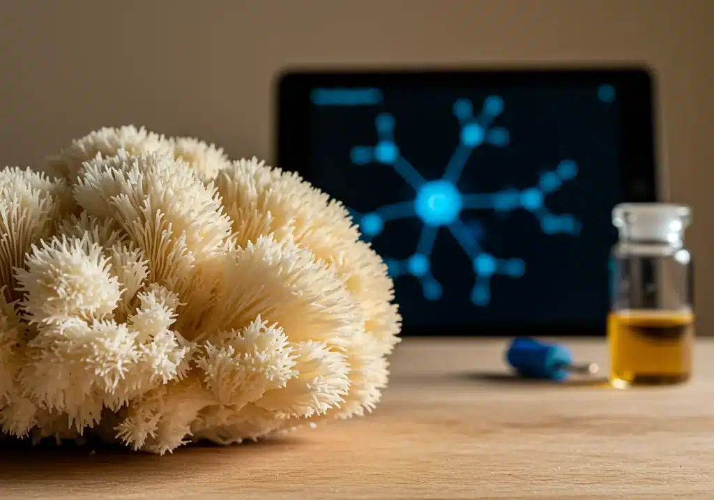 Les meilleurs champignons adaptogènes : guide complet pour bien choisir 9 Gros plan réaliste du lion’s mane illustrant le soutien cognitif et la neuroprotection.