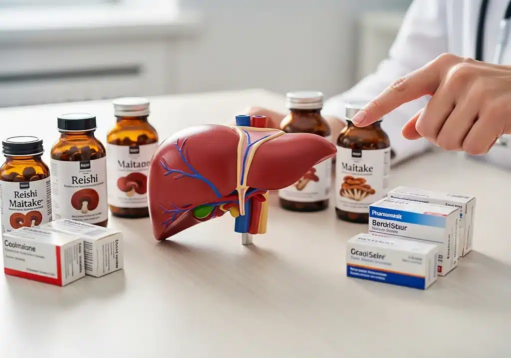 Interactions entre champignons médicinaux et médicaments : ce qu'il faut vraiment savoir 3 Scène réaliste montrant un médecin expliquant le métabolisme hépatique lié aux interactions entre champignons médicinaux et médicaments.