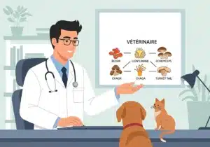 Champignons adaptogènes pour animaux : dangers, bienfaits et avis vétérinaires (guide 2025) 2 Image d’un vétérinaire expliquant les champignons adaptogènes à un chien et un chat dans un cabinet, illustration éducative sur la mycothérapie animale.