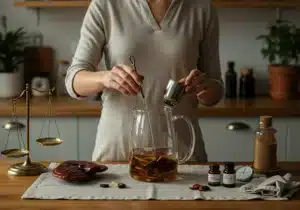 Les meilleurs champignons adaptogènes : guide complet pour bien choisir 19 Préparation d’une infusion à partir d'une sélection des meilleurs champignons adaptogènes avec carafe en verre et accessoires de dosage, ambiance cuisine-atelier naturelle.