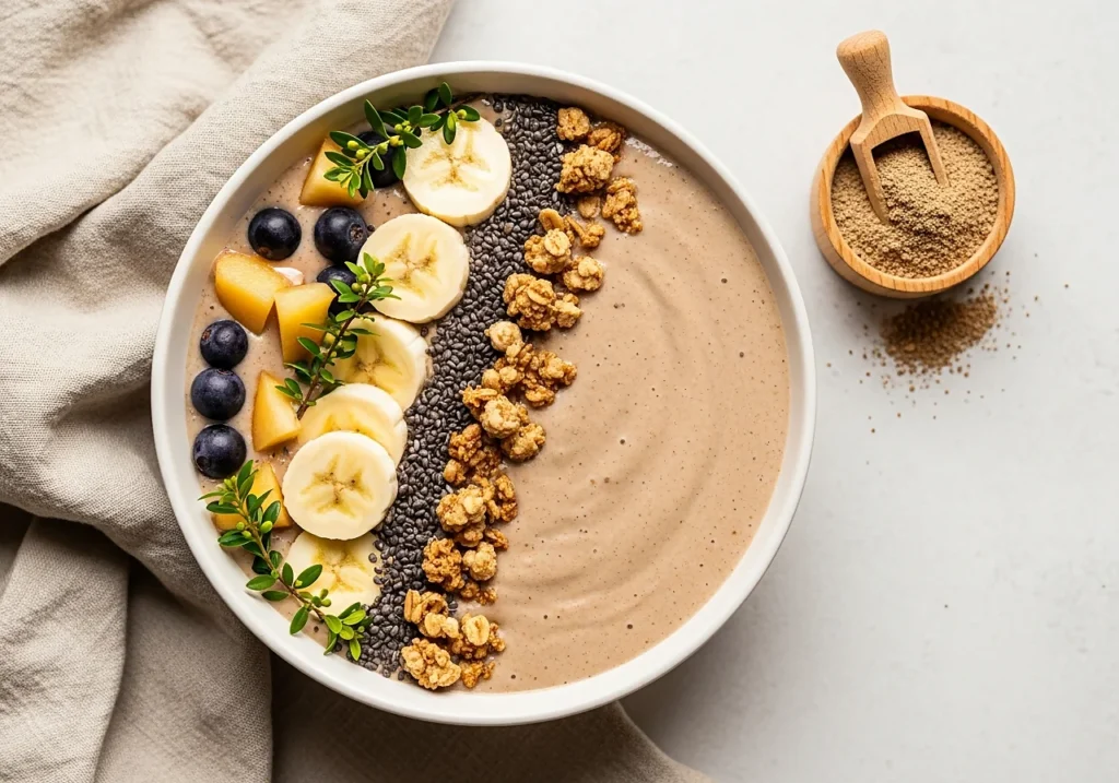 Recettes aux champignons adaptogènes : simples, savoureuses et efficaces 3 Smoothie bowl au Lion’s Mane avec myrtilles, banane et granola, recette petit-déjeuner adaptogène.
