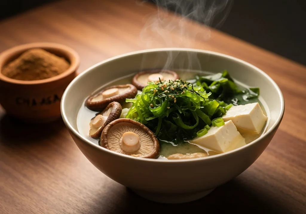 Recettes aux champignons adaptogènes : simples, savoureuses et efficaces 4 Soupe miso au shiitake avec poudre de Chaga, plat réconfortant aux champignons adaptogènes.