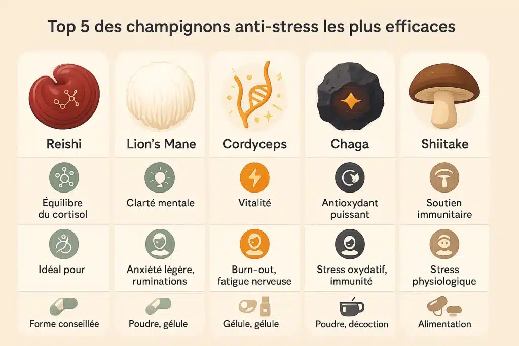 Champignons et stress : lesquels choisir pour se détendre naturellement ? 3 Tableau comparatif des 5 champignons anti-stress : Reishi, Lion's Mane, Cordyceps, Chaga et Shiitake