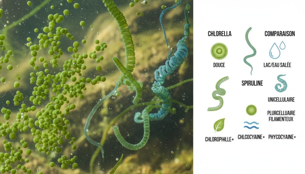 Chlorella et spiruline : comparaison des différences et bienfaits 24 Découvrez les différences et bienfaits de la chlorella et de la spiruline, deux super-aliments riches en nutriments pour votre santé.