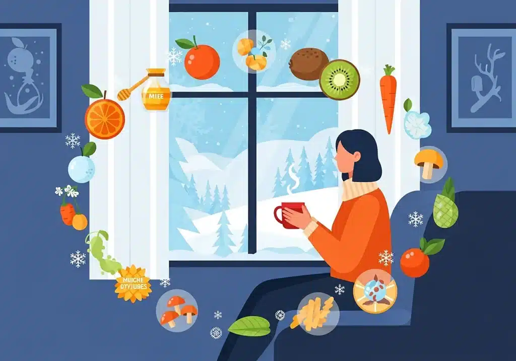 Défenses immunitaires en hiver : remèdes, compléments et prévention 1 Personne en hiver savourant une boisson chaude entourée d'aliments sains pour soutenir ses défenses immunitaires