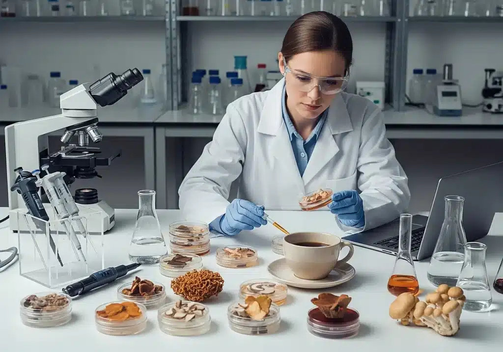 Café adaptogène : bienfaits, dangers et comment bien le choisir 4 Chercheur en laboratoire analysant des champignons médicinaux avec une tasse de café adaptogène à côté, illustrant les limites des preuves scientifiques.