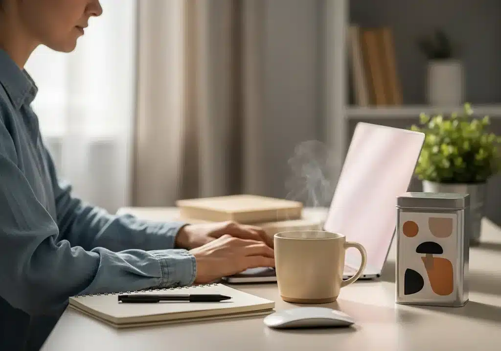 Café aux champignons : avis honnête, études scientifiques et limites à connaître 4 Personne concentrée devant un ordinateur avec une tasse de café aux champignons sur le bureau, illustrant les effets potentiels sur l’énergie et la clarté mentale.