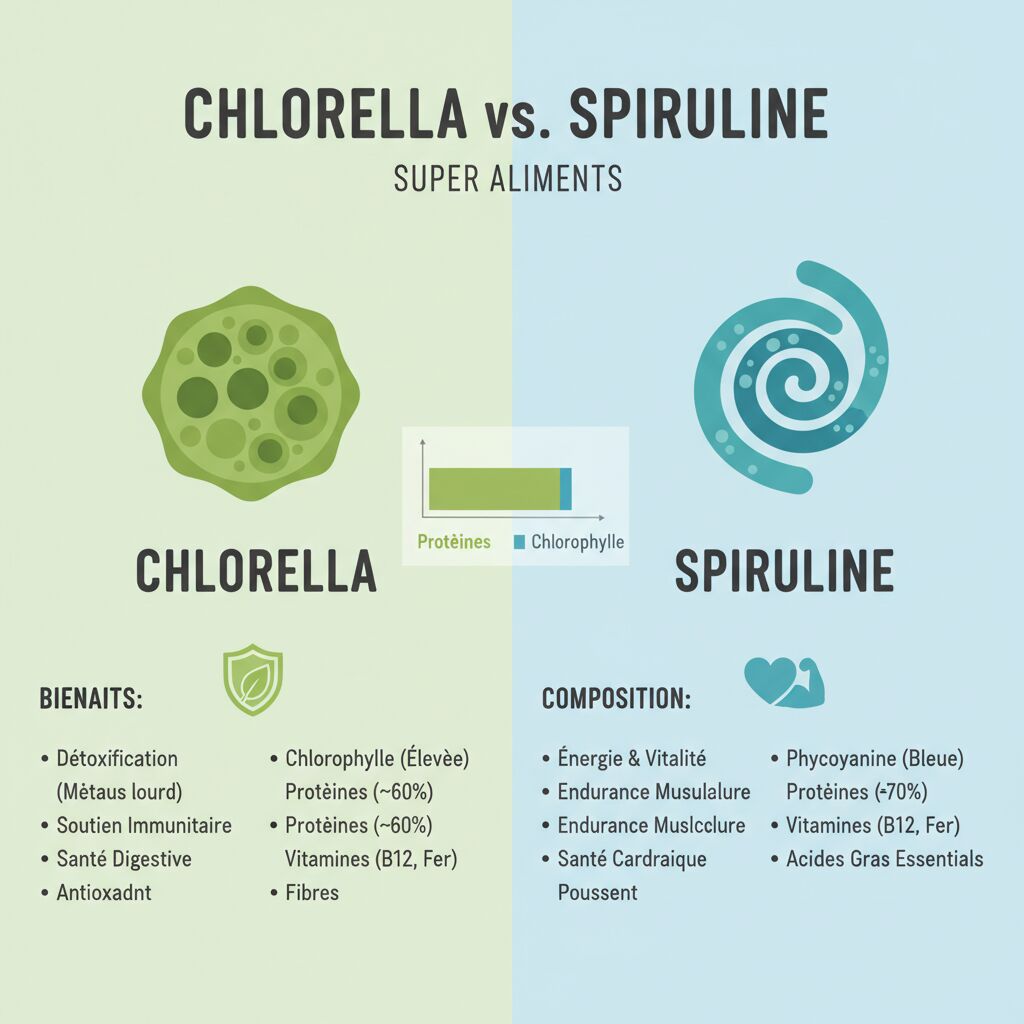 Chlorella et spiruline : comparaison des différences et bienfaits 10 Découvrez les différences entre la chlorella et la spiruline, deux super-aliments aux nombreux bienfaits pour la santé. Comparaison complète de leurs propriétés nutritionnelles et avantages.