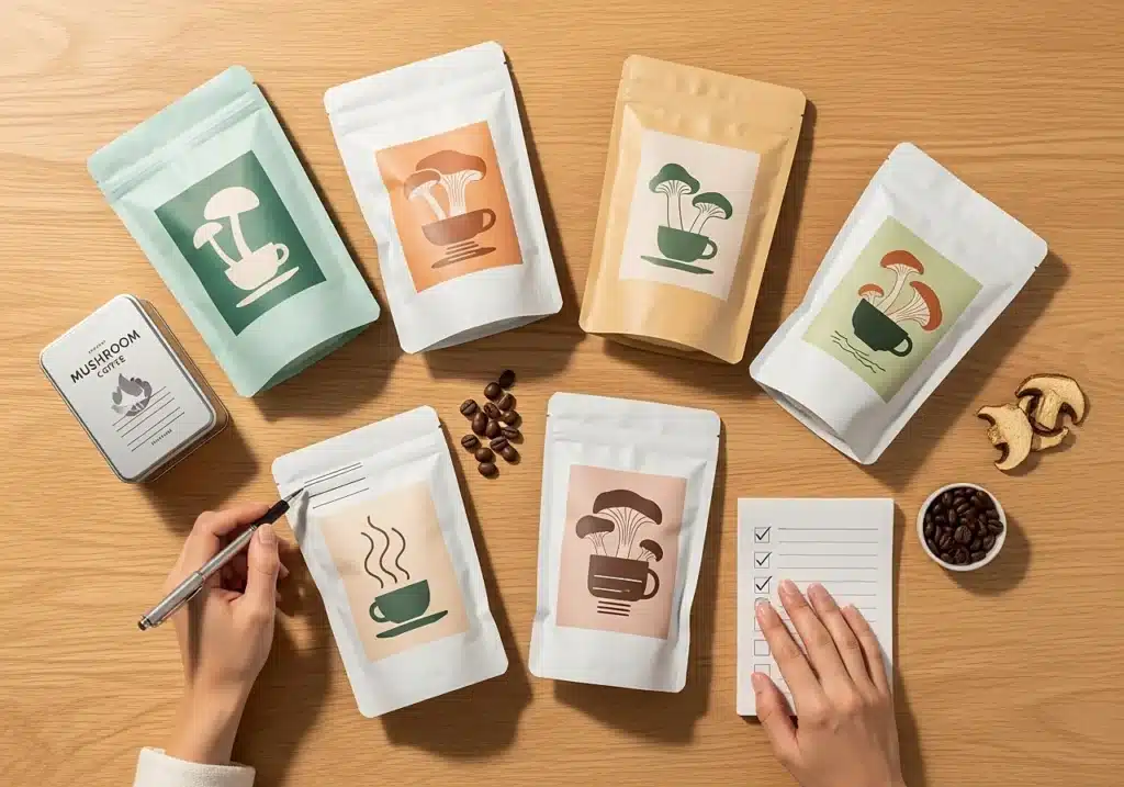 Café aux champignons : avis honnête, études scientifiques et limites à connaître 7 Vue de dessus de mains comparant plusieurs paquets de café aux champignons sur une table, illustrant la lecture de l’étiquette et le choix d’un produit de qualité.