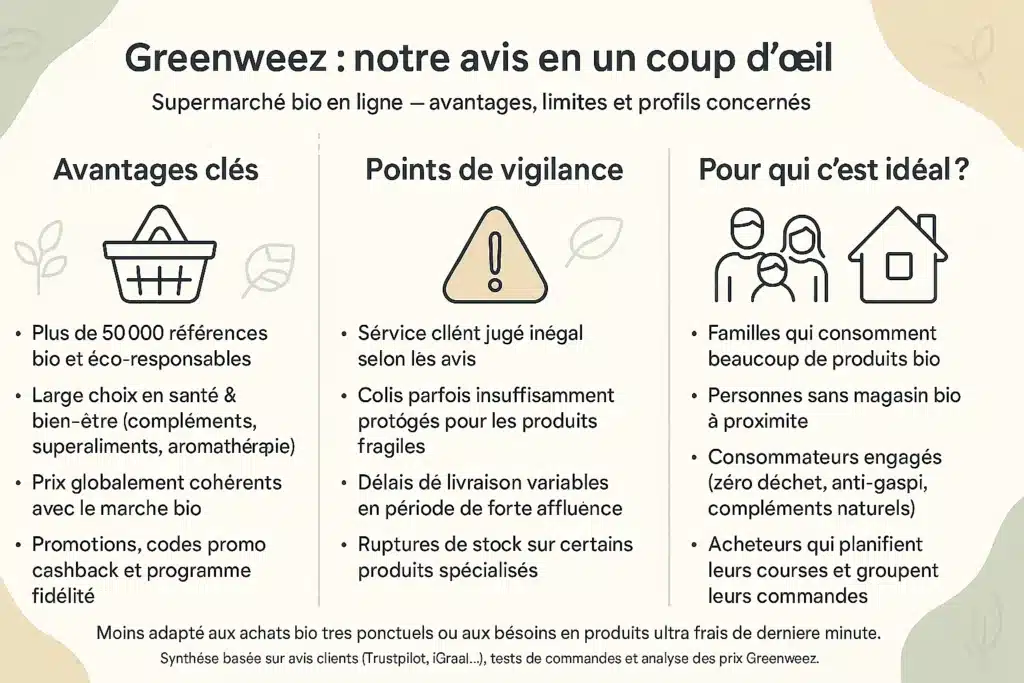 Greenweez avis : que vaut vraiment le supermarché bio en ligne ? 6 Infographie en français résumant les avis sur Greenweez, ses principaux avantages, limites et profils pour qui le supermarché bio en ligne est recommandé