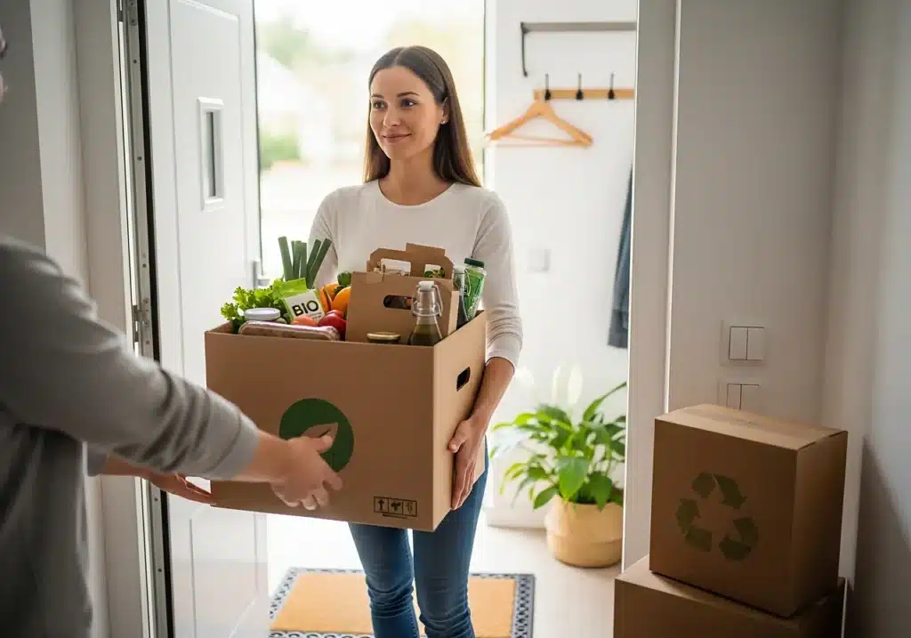 Greenweez avis : que vaut vraiment le supermarché bio en ligne ? 5 Livraison d’un colis de courses bio Greenweez à domicile, famille recevant un carton de produits bio en ligne