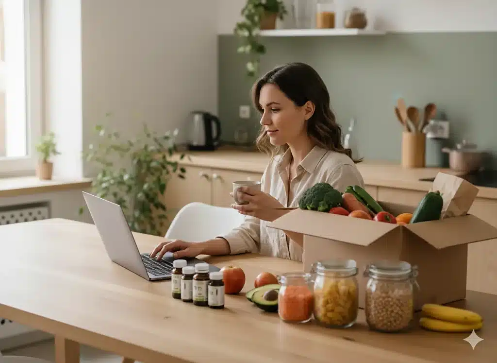 Greenweez avis : que vaut vraiment le supermarché bio en ligne ? 1 Femme faisant ses courses sur Greenweez, supermarché bio en ligne, avis et test en situation réelle