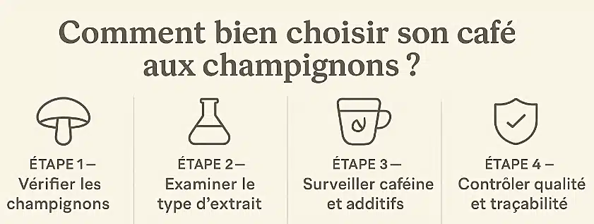 Café aux champignons : avis honnête, études scientifiques et limites à connaître 6 Infographie en français expliquant comment bien choisir son café aux champignons avec quatre étapes sur les champignons utilisés, le type d’extrait, la caféine, les additifs et la qualité.
