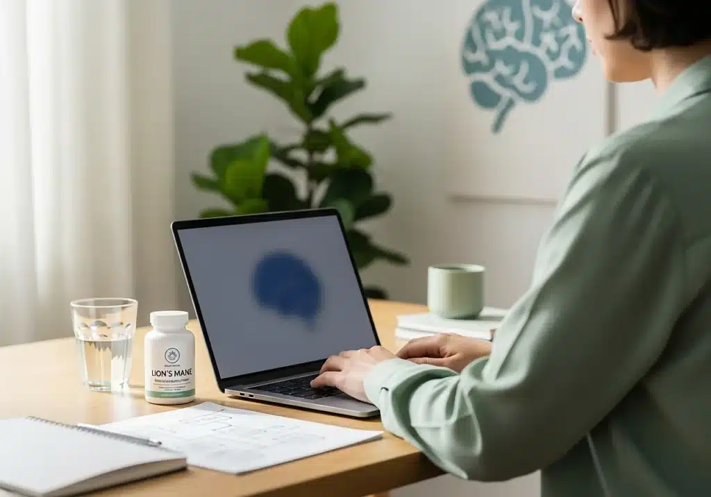 Lion's mane avis : retour des études, des utilisateurs et points de vigilance 4 Personne concentrée à son bureau avec un complément lion's mane posé près d’un ordinateur, pour illustrer les avis sur les bienfaits du lion's mane pour la mémoire et la concentration.