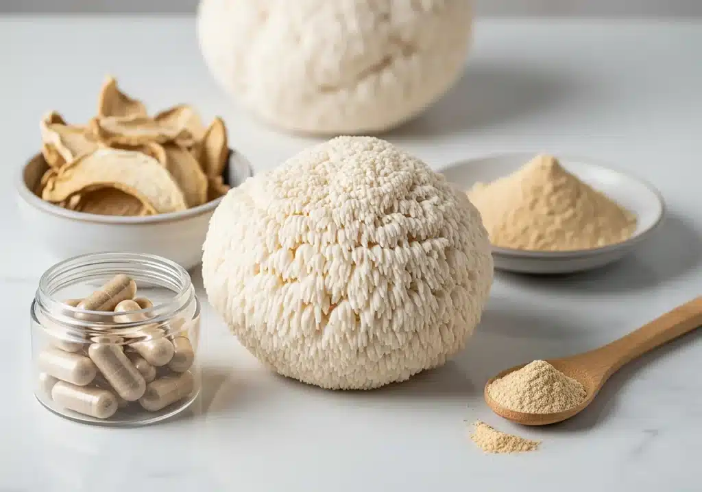 Lion's mane avis : retour des études, des utilisateurs et points de vigilance 3 Présentation du champignon lion's mane sous forme fraîche, séchée, en poudre et en gélules pour expliquer ce qu’est la crinière de lion.