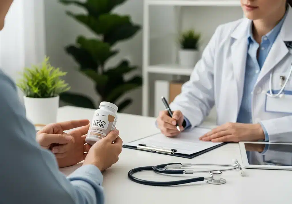 Lion's mane avis : retour des études, des utilisateurs et points de vigilance 5 Consultation avec un professionnel de santé au sujet d’un flacon de lion's mane, pour illustrer les effets secondaires possibles et la prudence médicale autour de ce complément.