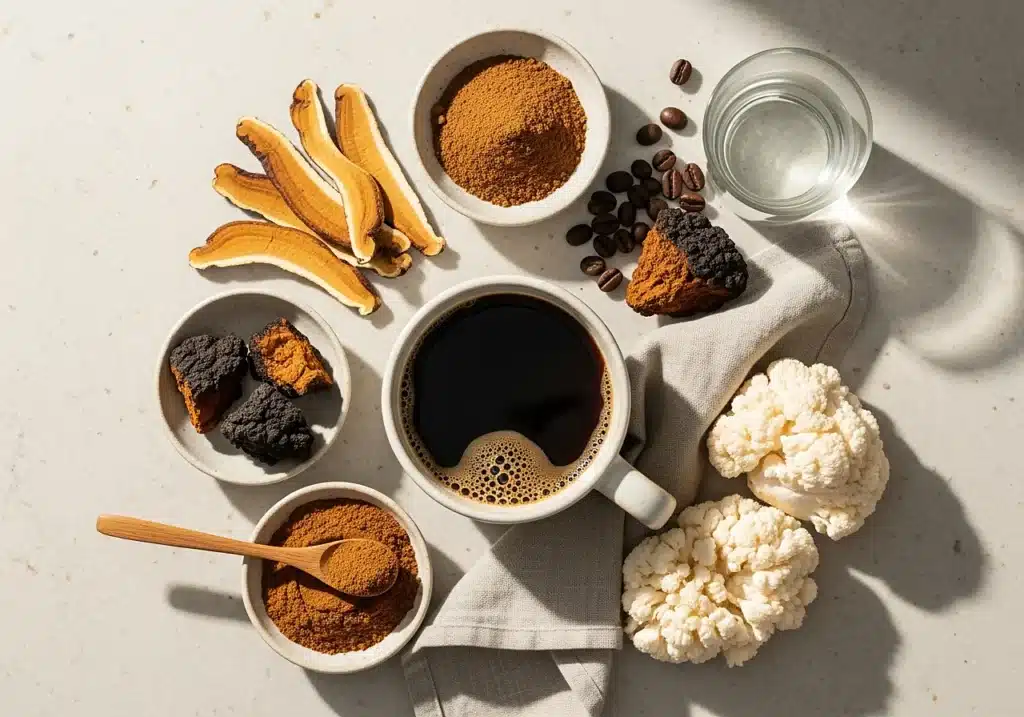 Café aux champignons : avis honnête, études scientifiques et limites à connaître 3 Vue de dessus d’une tasse de café aux champignons entourée de reishi, chaga, lion’s mane et poudre de champignons adaptogènes.