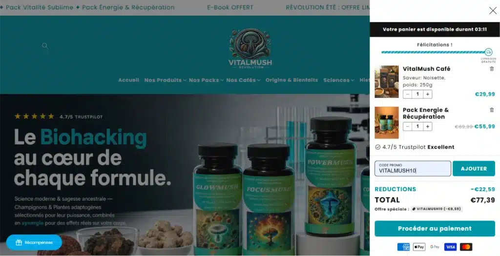 VitalMush Revolution avis 2026 : que vaut vraiment la marque ? 4 VitalMush Revolution : Avec le code promo VITALMUSH10 obtenez 10% de réduction sur votre commande.